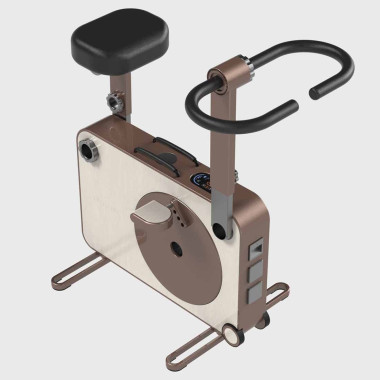 A product shot of Tukasev exercise bike / backup power supply for your house hybrid. It resembles a suitcase with handle bars and a seat