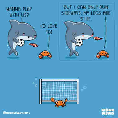 a shark holding a soccer ball is talking to a crab. Shark:"Want o play with us?" Crab:"I'd love to, but i can only run sideways. my legs are stiff". third picture is of the crav playing goalie with a smile.