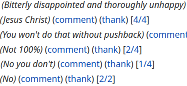 A list of a user's contributions on Wikipedia; Edit summaries, ordered by date ascending from bottom to top: "No", "No you don't", "Not 100%", "You won't do that without pushback", "Jesus Christ", "Bitterly disappointed and thoroughly unhappy"