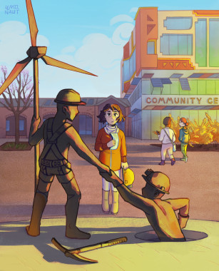 A Solarpunk illustration of a middle-aged woman in an orange jacket, holding a miner's helmet and a flyer. She's looking at a monument of a wind turbine engineer holding hand and helping a miner get out of a hole, a symbol of the respecialization of workers which took place in the community center below them. The building is clearly made of several different styles, a fancy solarpunk architecture covering two top floors above much simpler, glass two on the ground. The whole scene is bathed in warm light of dawn. 
