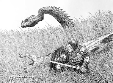 A black and white ink drawing of an armored man holding a sword and shield crouched down in tall grass behind a fallen log. A short distance away, rising out of the tall grass, is a giant serpent with a horn on its nose and down its spine, looking off in the opposite direction.