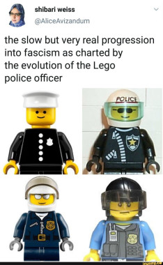 shibari weiss
@AliceAvizandum
the slow but very real progression
into fascism as charted by
the evolution of the Lego
police officer

[each police officer looks progressively less happy and more ready to suppress a peaceful protest]