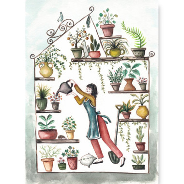 A woman is watering her plants in her small greenhouse