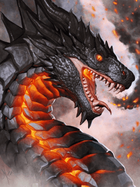 Portrait of a black dragon with large scutes. He is about to breathe fire and his neck is glowing red hot.