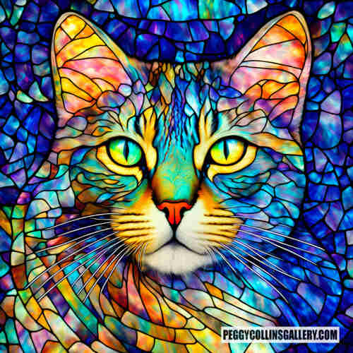 Colorful artwork of a tabby cat with a stained glass effect, by artist Peggy Collins.