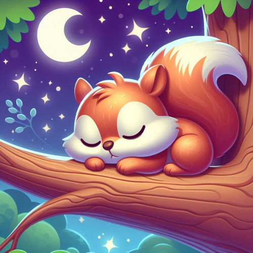 AI image of a squirrel, sleeping in a tree, with the moon and stars shining bright. 