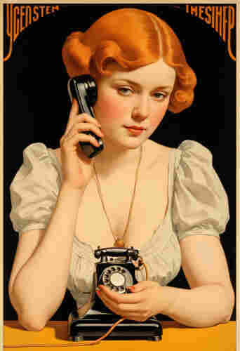 A digital artwork in the Jugendstil style, depicting a woman with red hair styled in soft waves. She is holding a black, vintage rotary phone to her ear and looking directly ahead with a serene expression. Her delicate features are accentuated by flushed cheeks and she wears a simple white blouse with puffed sleeves. The blouse's neckline is modest and a thin necklace with a single, large amber pendant hangs around her neck. She cradles the phone's base in her other hand, resting on a table with a yellow surface. The background is stark black, contrasting with the subject and highlighting the ornate typography characteristic of Jugendstil, framing the image on the upper left and bottom right corners.
