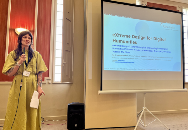 Sarah Rebecca Ondraszek presenting her paper at the Semantic Digital Humanities Workshop at ESWC 2024.