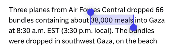 Screenshot of an AP article documenting a paltry 38,000 meals air dropped into Gaza by the weak US President Joe Biden.