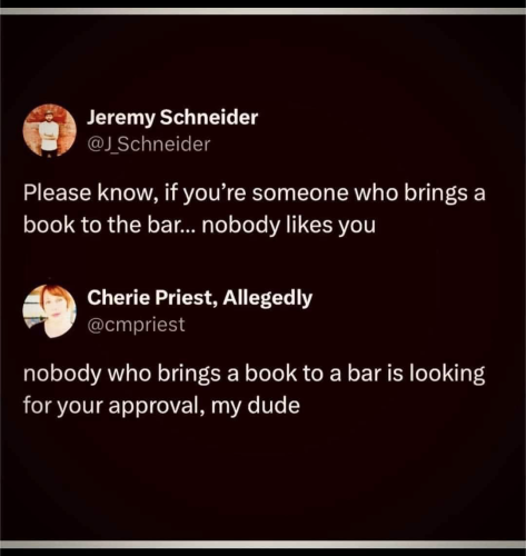Jeremy Schneider @J Schneider Please know, if you're someone who brings a book to the bar... nobody likes you Cherie Priest, Allegedly @cmpriest nobody who brings a book to a bar is looking for your approval, my dude