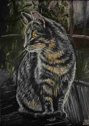 An oil painting of a black and white striped cat. Sitting on the table in the night. Yellow/orange light on the chest. Yellow eye. Dark night background with green plants.
