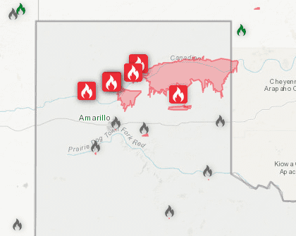 A map showing the area of wildfires in the upper Texas Panhandle and far western Oklahoma, north and east of Amarillo