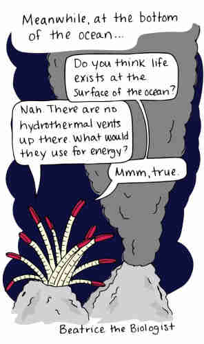 Cartoon of Riftia tubeworm (Riftia pachyptila) having a conversation.

Meanwhile, at the bottom of the ocean... Do You think |ife exists ot the surface of the ocean?
 
Nah. Theve are no hydrothermal vents up there, what would they use for energy? 

Mmhmm, true.

-Beatrice the Biologist 