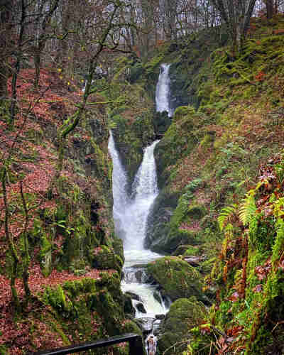 The cascading waterfall at Stock Ghyll, Ambleside surrounded by moss-covered rocks and autumn foliage.