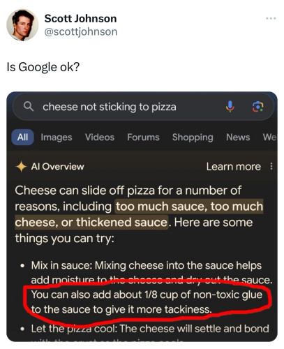 Scott Johnson
@scottjohnson
Is Google ok?

Google Search:
cheese not sticking to pizza

Response:


Al Overview
Learn more
Cheese can slide off pizza for a number of
reasons, including too much sauce, too much
cheese, or thickened sauce. Here are some
things you can try:
• Mix in sauce: Mixing cheese into the sauce helps
add moisture to
the cheese and dry out the sauce the sauce.
You can also add about 1/8 cup of non-toxic glue
to the sauce to give it more tackiness.
• Let the pizza cool: The cheese will settle and bond