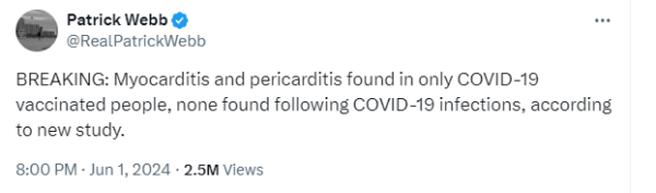Tweet: BREAKING: Myocarditis and pericarditis found in only COVID-19 vaccinated people, none found following COVID-19 infections, according to new study.