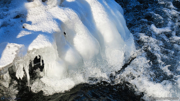 A close-up photo of a river bank, with flowing water on the right and at the bottom, and an ice crust on the top and left. There is a visible gap below the ice sheet and above the water surface. Along the edge of the ice, strange icicle shapes have formed. At the top, they are quite slender and holes can be seen between them. Further down the structures are more bulbous, about the size of a man's fist, almost the shape of a spring onion or scallion, and are opaque ice. Immediately above the flowing water, the icicles become more transparent, apparently wet, and are split into smaller, drop-like shapes clustered together. The overall impression is of a hand bell shape, and this is what I chose to call them. 