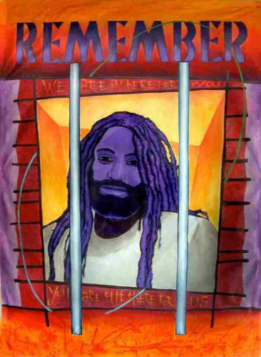 1995 poster depicting Mumia Abu-Jamal by American muralist Mike Alewitz. The text reads: "Remember, we are in here for you. You are out there for us." By Richard Coit - Own work, CC BY-SA 4.0, https://commons.wikimedia.org/w/index.php?curid=80676943