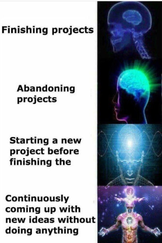 A meme that features a progression of increasingly enlightened brain images alongside text that describes different stages of project management or creative processes. There are four levels in total:

1.	The top level shows a brain with minimal lighting and is labeled “Finishing projects.”

2.	The second level has a brain with slightly more illumination and is labeled “Abandoning projects.”

3.	The third level depicts a brain with more intense lighting and a glowing aura, labeled “Starting a new project before finishing the other.”

4.	The bottom level shows an intensely illuminated and intricate brain, almost transcendental, labeled “Continuously coming up with new ideas without doing anything.”