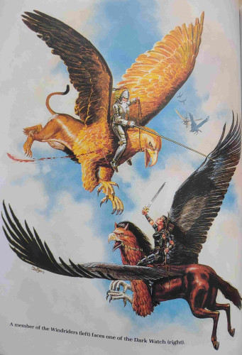 A warrior in silver plate mail riding a griffon battles a warrior in black leather armor astride a hippogriff.