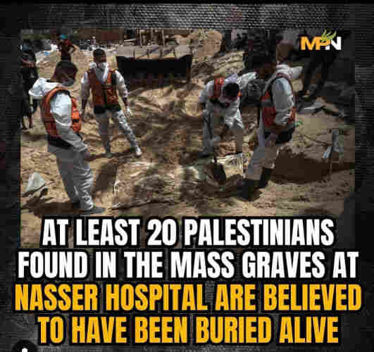 At least 20 Palestinians found in mass graves at Nasser hospital are believed to have been buried alive.