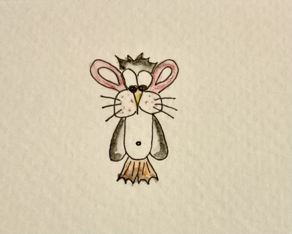 A whimsical drawing of a cartoon animal with large ears, a spotted face, a single belly button, and flipper-like feet. The figure is set against a plain background.
