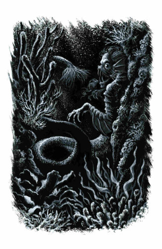Black and white illustration of a monstrous mermaid sitting deep within the coral reefs, waiting for its next meal. Her back is facing us with her head in profile view and her visible hand poised to attack. Her tail is long and curled around. Her face is fish-like and demonic with long, sharp teeth and a glassy eye looking towards us. Light in the background is shimmering down from above.

Painted with white gouache over black gesso with some acrylic for touch-ups around the rough border and splatters for the light in the background.