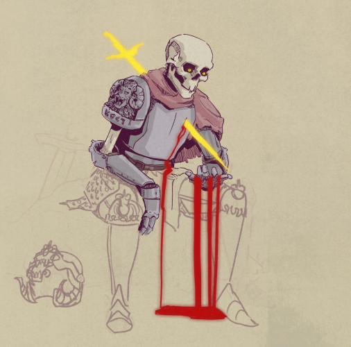 work in progress digital illustration of a skeleton knight sitting, looking at their hand. there's a glowing yellow sword silhouette through their chest and blood is pouring through the wound and from the skeleton's hand
