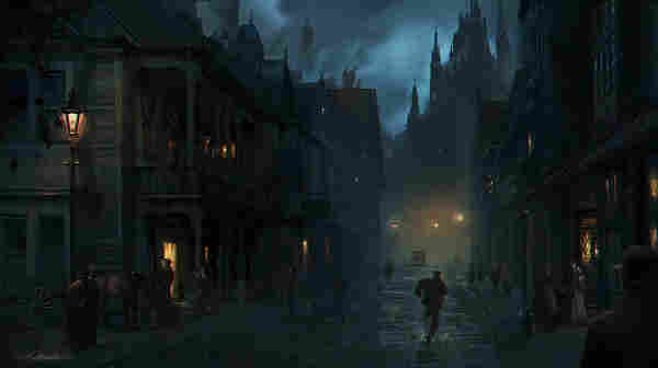 An imaginary Victorian era city at nightfall.