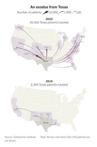 Map showing where Texans travelled for an abortion last year compared to 2019. 