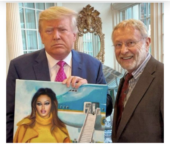 Donald Trump, wearing a blue suit with white button up & fuchsia tie, holds up a painting of Melania Trump in front of what appears to be, Air Force One. In the painting, Melania looks a bit like a Wish version of maybe Ariana Grande? Trump’s face looks a little bit like he had a stroke with 1 side drooping down, his tiny hand on the frame of the painting. The man who painted the artwork stands beside Trump, wearing a brown suit striped button up shirt, & red tie, smiling excitedly. 