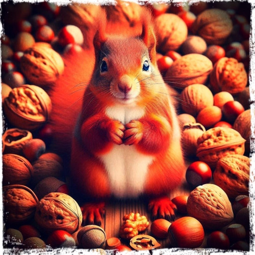 Picture a red squirrel standing in the center of a pile of various nuts. 

AI image bullied into being by @PixysJourney@beige.party