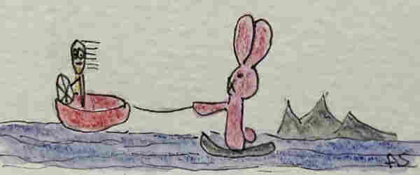 Hand-drawn image of a pink rabbit waterskiing behind a red motorboat driven by a toothbrush, with mountains in the background.