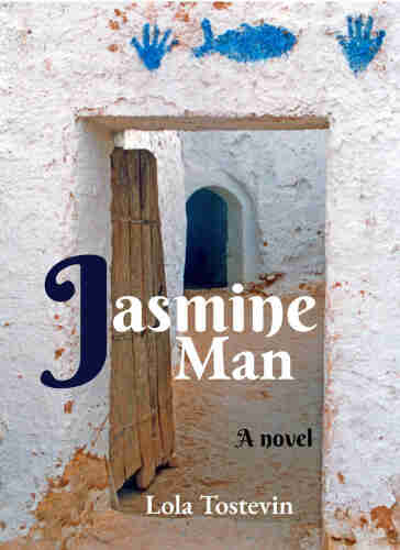 The cover of Jasmine Man, a novel by Lola Tostevin, shows the image of a  Tunisian doorway in Sidi Bou Said, its old wooden door open allowing the viewer to  peer through to a closed dark blue door. Above the first wooden doorway, on a white painted clay wall are the blue imprints of a hamsa hand, a fish, and another hamsa hand.