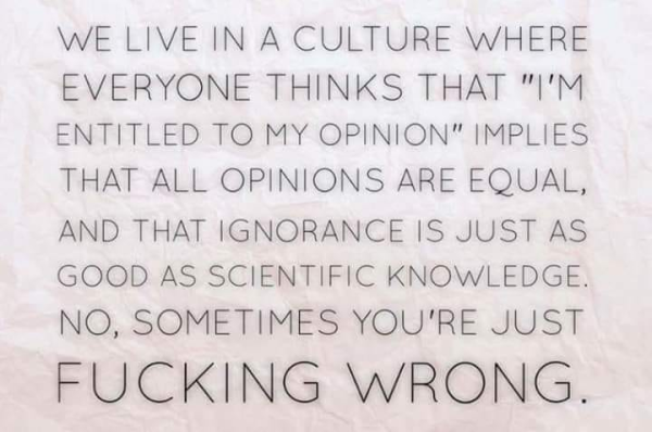WE LIVE IN A CULTURE WHERE EVERYONE THINKS THAT "I'M ENTITLED TO MY OPINION" IMPLIES THAT ALL OPINIONS ARE EQUAL, AND THAT IGNORANCE IS JUST AS GOOD AS SCIENTIFIC KNOWLEDGE. NO, SOMETIMES YOU'RE JUST FUCKING WRONG. 