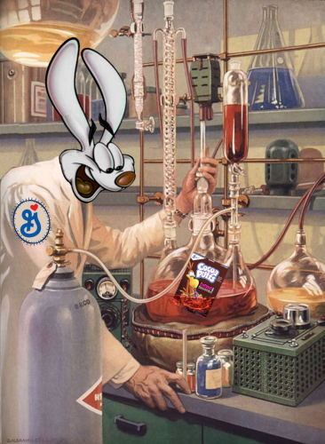 A lab-coated scientist in a chem lab filled with retorts, glassware, etc. The image has been modified. The scientist's head has been replaced with the head of the Trix rabbit, and his labcoat now has a General Mills logo patch stitched onto the shoulder. The contents of his main beaker have been replaced with a floating Cocoa Puffs logo.