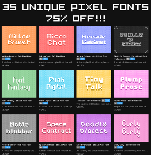 Collection of examples font faces displayed in a colorful grid advertising the 75% off discount