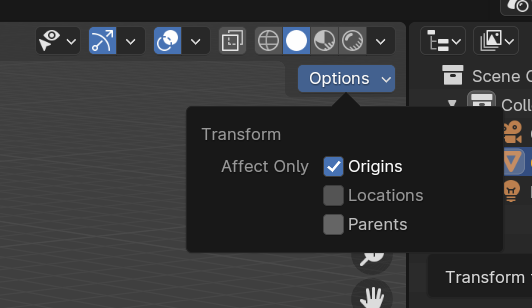 Blender screenshot showing the top-right of the 3D Viewport with Transform Options shown. Origins is checked.
