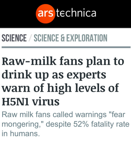 Raw-milk fans plan to drink up as experts warn of high levels of H5N1 virus
Raw milk fans called warnings "fear mongering," despite 52% fatality rate in humans.
