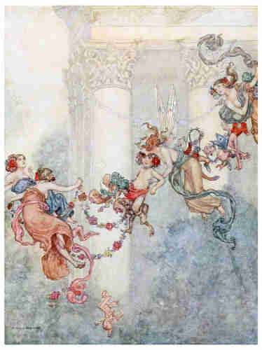The Fairy Queen is larking about in mid-air with some companions as  an ancient temple can be seen in the background. She holds a young child while other fairies toy with flower garlands