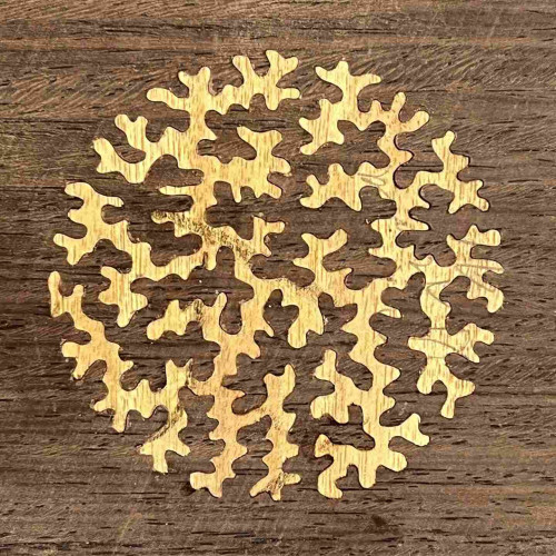 Photograph of a small marquetry design made with two different pieces of veneer. The background veneer is a dark brown rosewood. Inlayed into it is a circle of squiggles, sort of like coral, made of golden prima vera veneer. The circle of squiggles is around 3 inches in diameter. 