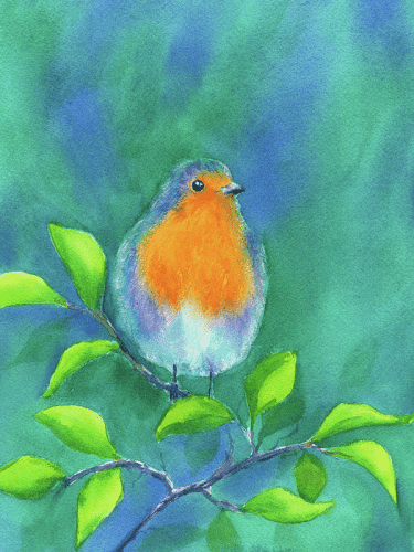 Attentive Observer is a hand-painted watercolor painting painted in portrait format by the artist Karen Kaspar. A European Robin sits on a branch in a tree, surrounded by fresh green leaves. The songbird looks intently towards the viewer. The orange-red breast feathers shine from the abstract background in shades of blue and green and form the focus of the image.
Robins are welcome guests in our garden and delight us with their melodic singing. They are always an inspiration for me for new paintings. 