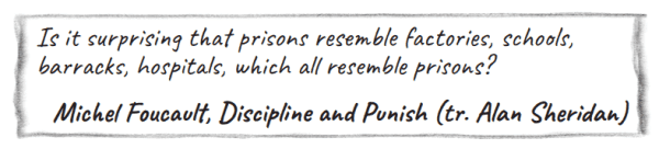 "Is it surprising that prisons resemble factories, schools, barracks, hospitals, which all resemble prisons?"
Michel Foucault, Discipline and Punish (tr. Alan Sheridan)