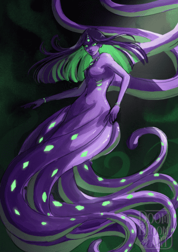 Naked purple skinned lady whose loser half consists of tentacles. She has green glowing eyes, glowing green marks under her chest and on the tentacles, part of her hair is green, as are the undersides of her tentacles. Misty green brushstrokes on black background