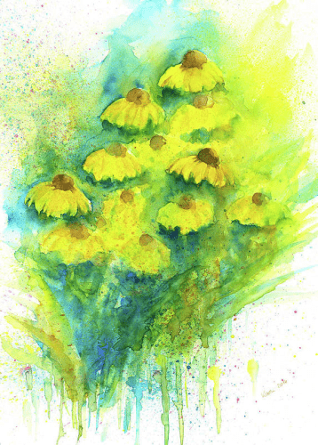 Black eyed susans is a watercolor painting in portrait format by artist Karen Kaspar. Many coneflowers blossom in bright shades of yellow with green leaves  are dancing on an abstracted garden background in vibrant shades of yellow, green and blue. The painting is painted in a loose fresh style with bold brushstrokes and paint splatters.