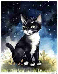 Painting of a rather small black and white cat, looking smart and secure out of it's green eyes. The cat is sitting on green soil with some blades of grass in the foreground, and a bit of foliage around it. In the background is the dark blue sky with many tiny white stars. Just above the horizon are white clouds, and clouds in a lighter shade of blue.