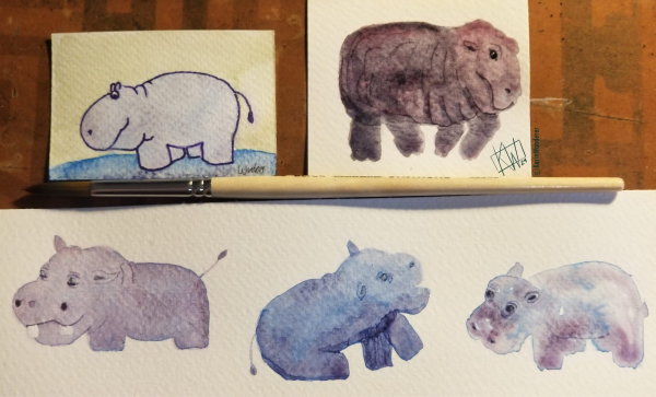 5 watercolor hippos in various shades of blue & purple. One is a tribute to Sandra Boynton. There is a paintbrush to show scale: the paintings are each only 2 or 3 inches wide.