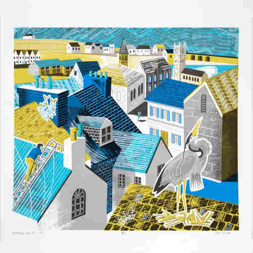 A seven colour screenprint of the rooftops of St Ives, Cornwall. A heron is on a roof in the foreground and there is a man on a ladder on a roof. There is a tourist taking a photo in a square in the centre. In the background is the harbour.