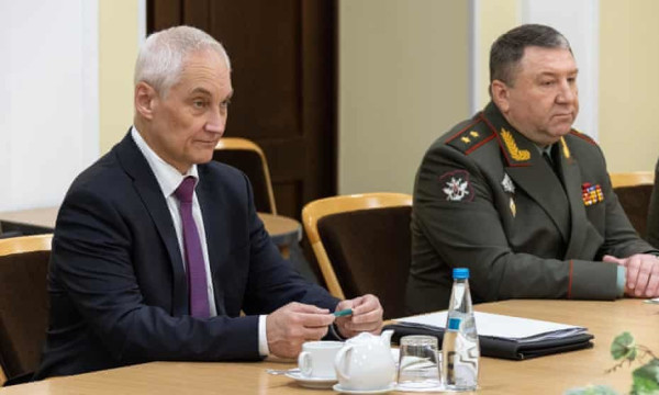 Andrei Belousov (left) has been charged with reducing corruption within Russia’s military. Photograph: Dmitry Harichkov/Russian defence ministry Press Service/HAND/EPA