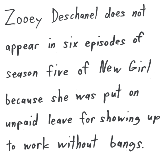 Zooey Deschanel does not appear in six episodes of season five of New Girl because she was put on unpaid leave for showing up to work without bangs.